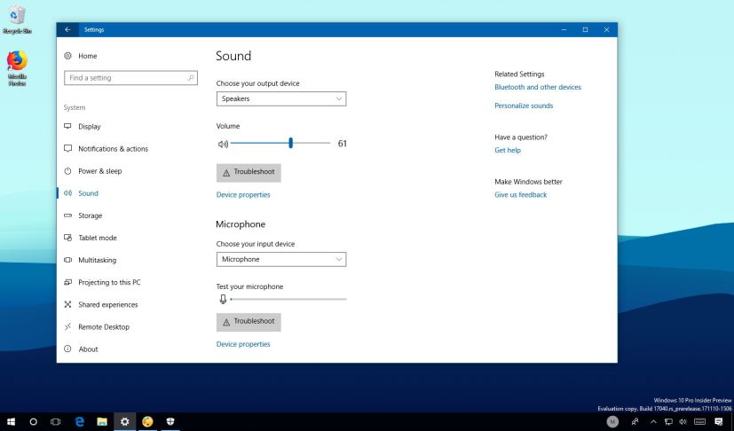 Sound settings on Windows 10 Redstone 4