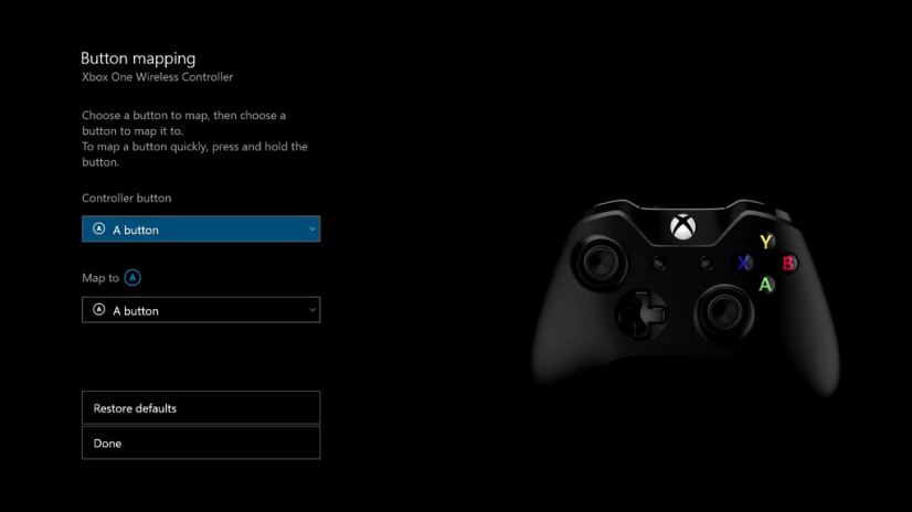 Standard Xbox One Wireless Controller buttons mapping features