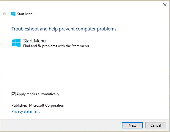 Start menu troubleshooter on Windows 10