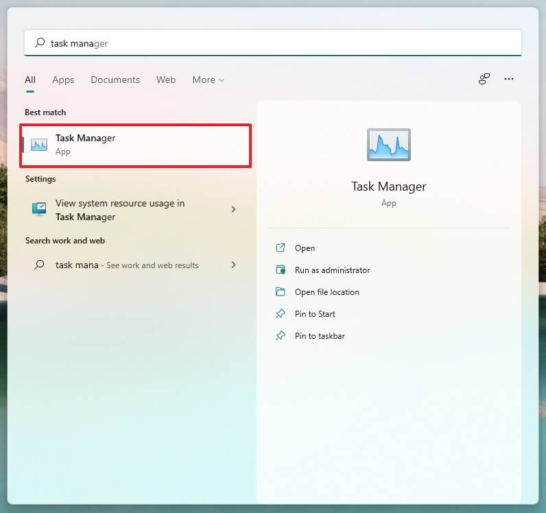 Start menu Task Manager search