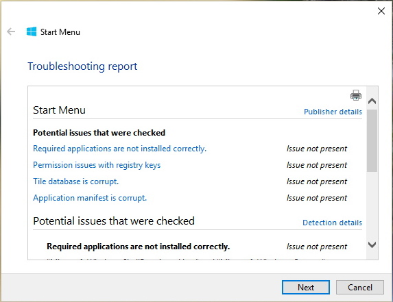 Start menu troubleshooter report