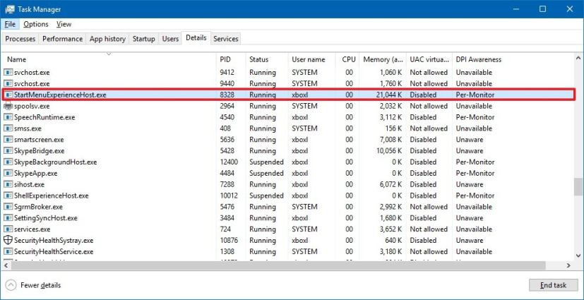 StartMenuExpereinceHost.exe process on Windows 10 version 1903