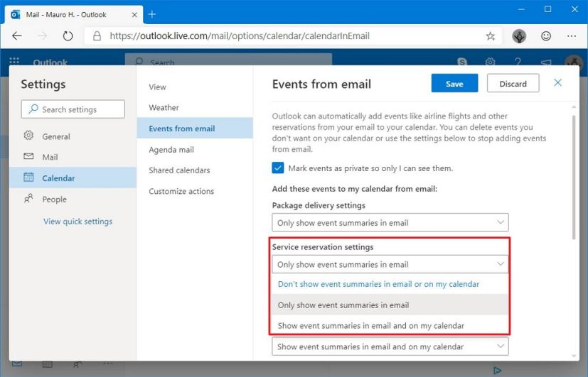  Events from emails Outlook settings