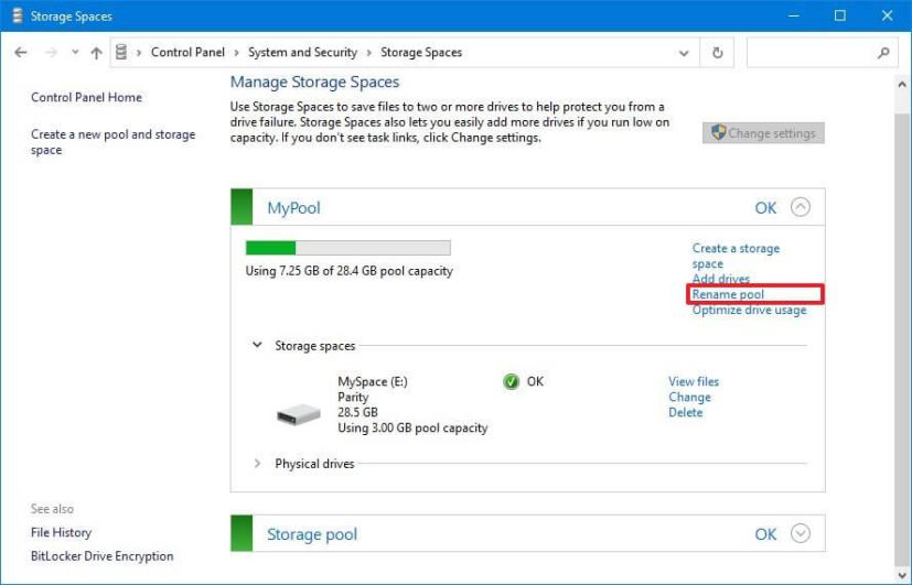 Control Panel rename storage pool option