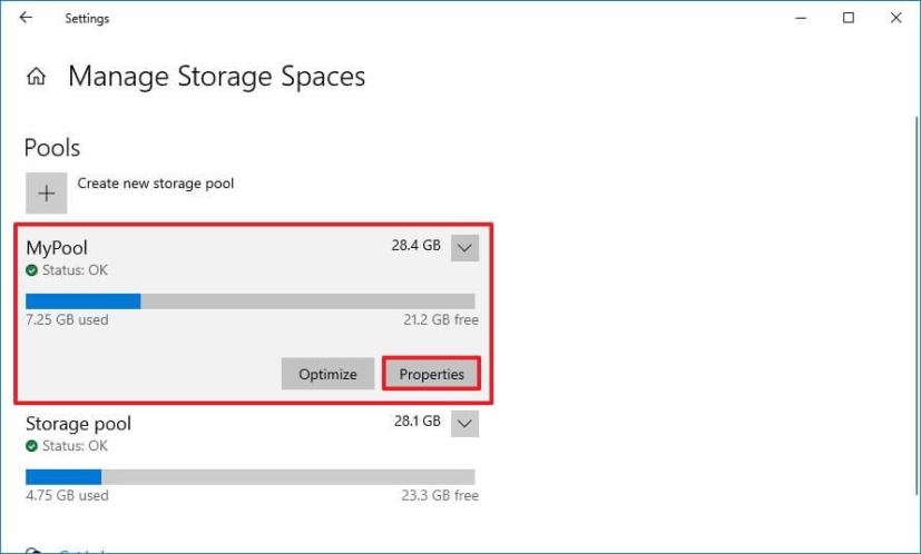 Storage Spaces properties option