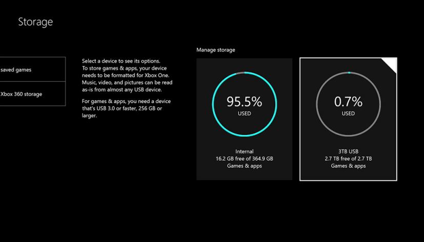 Storage settings on Xbox One