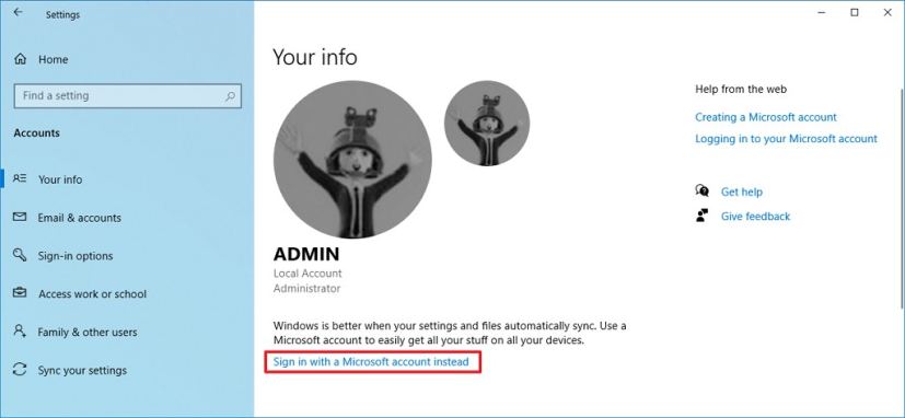 Switch local account to Microsoft account on Windows 10