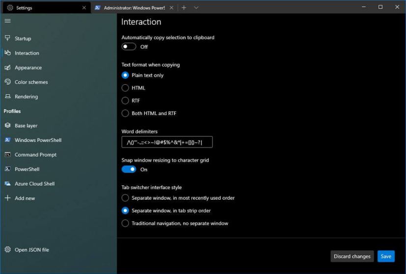 Windows Terminal Interaction settings