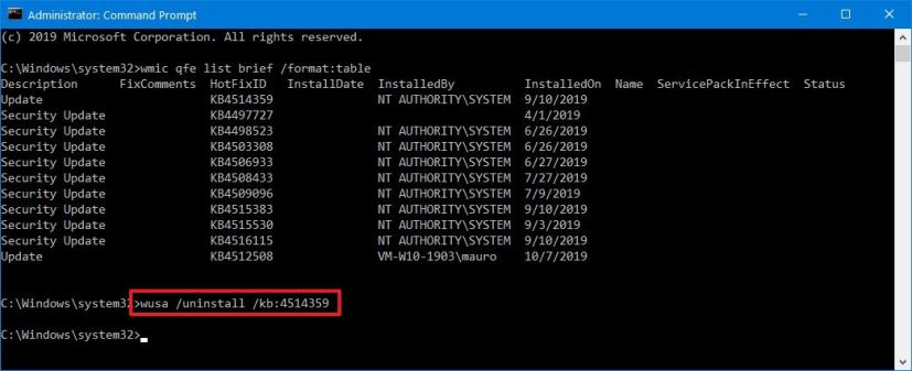 Uninstall monthly update from Windows 10
