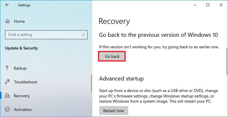 Windows 10 recovery remove 21H1 option