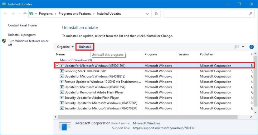 Control Panel Uninstall updates 