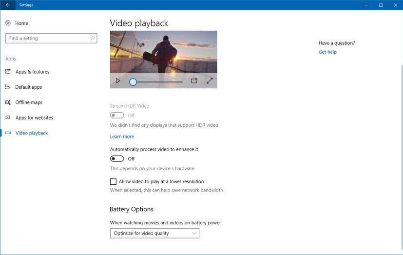 Video playback settings Windows 10 version 1709