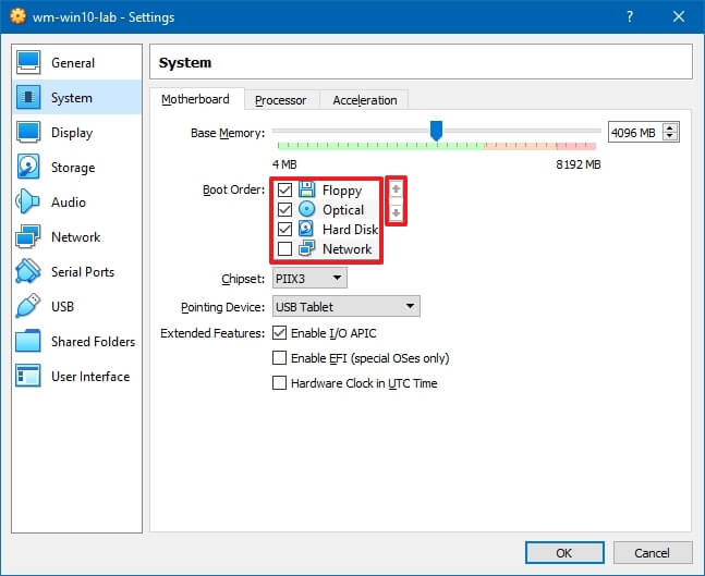 VirtualBox change boot order