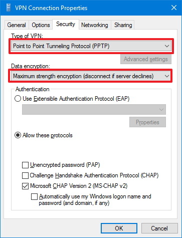 VPN Connection Security options on Windows 10