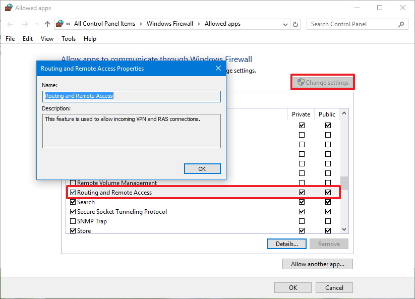 VPN server firewall configuration on Windows 10