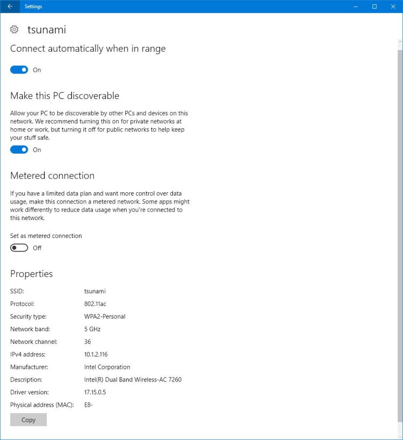 Wi-Fi adapter properties