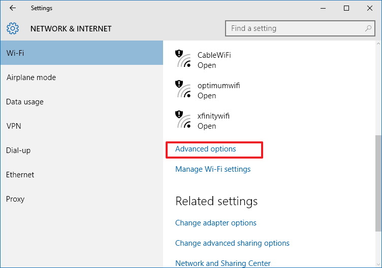 Wi-Fi Advanced options for Windows 10