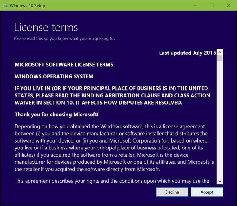 Accept Windows 10 licensing agreement