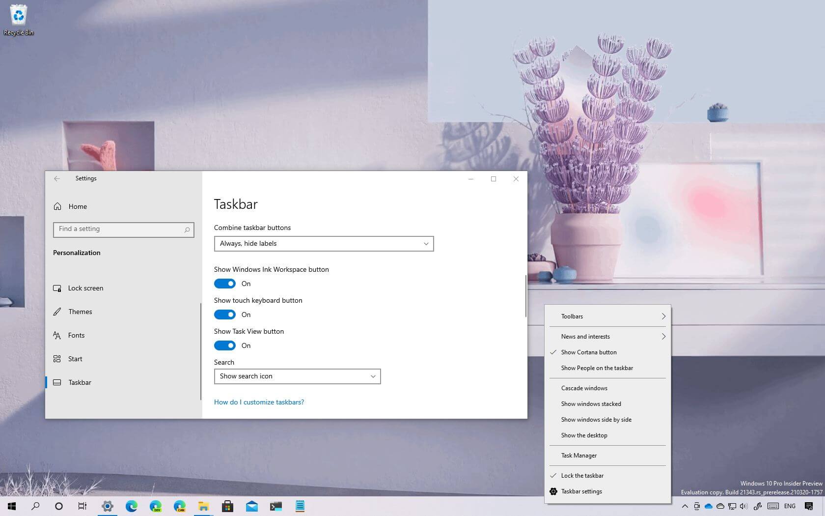 Windows 10 Taskbar new settings