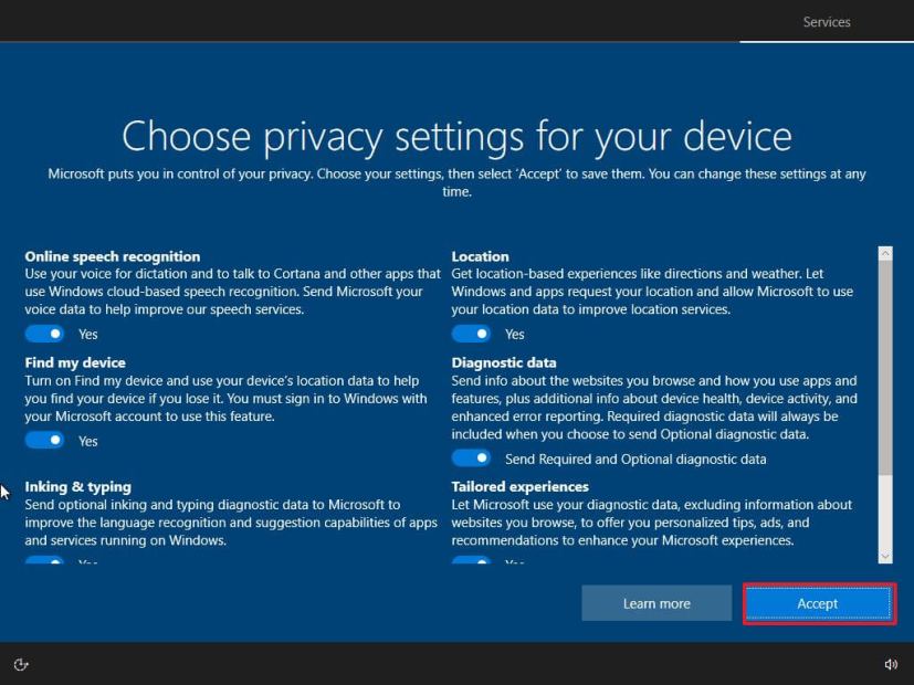 OOBE choose privacy settings