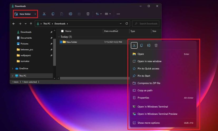 Updated context menu and New folder option