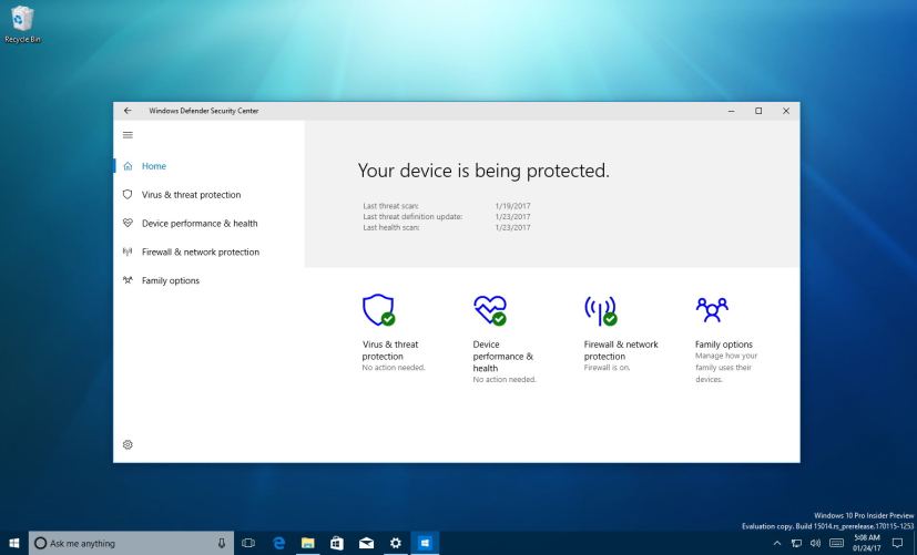 Windows Defender Security Center on Windows 10 Creators Update