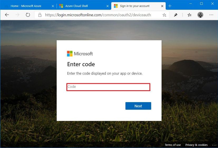 Windows Terminal Azure code confirmation