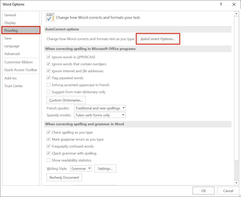 Word Proofing options