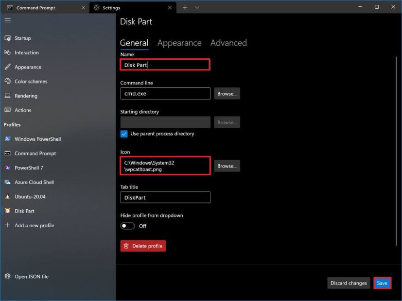 Windows Terminal profile general settings