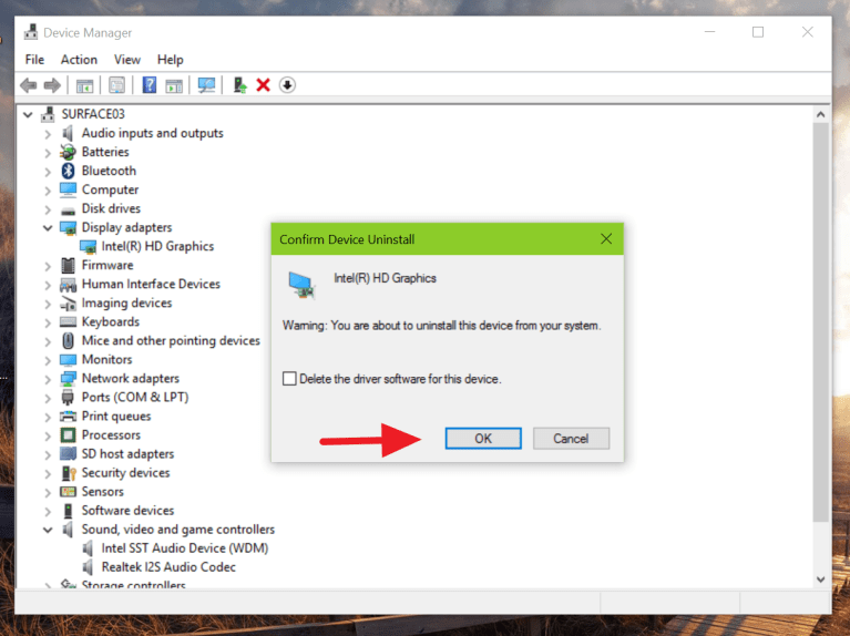 Confirm uninstall of Intel HD Graphics driver in Windows 10