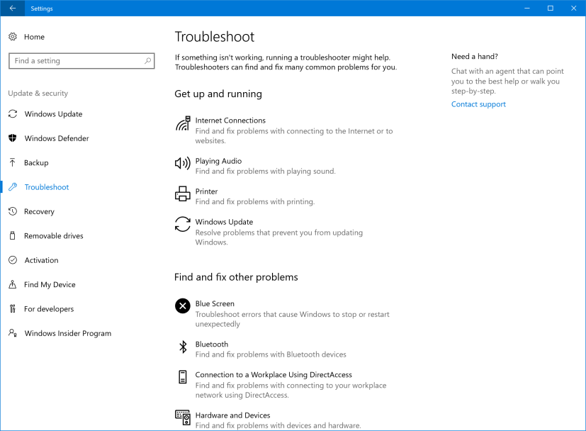 Troubleshoot settings page